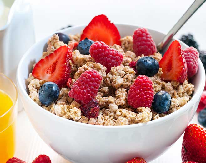 Healthy granola cereal with fresh berries